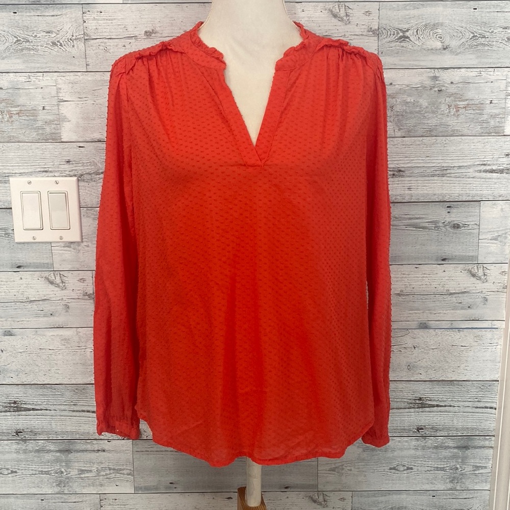 J. CREW ORANGE POLKA DOT RUFFLED NECK BLOUSE